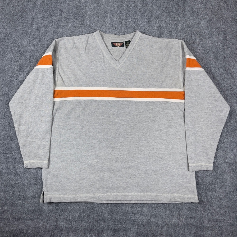 Y2K American Outpost Long Sleeve Shirt Mens Large Gray Orange Stripe V-Neck